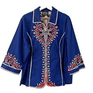 Bob Mackie Wearable Art Embroidered cutout zip-up‎ jacket blue XL